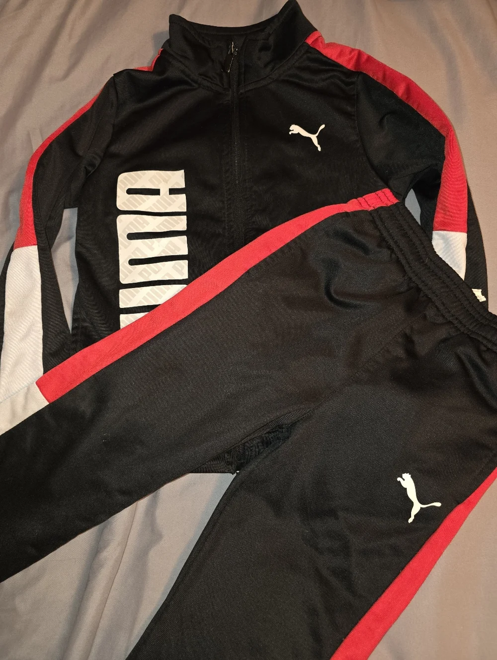 Puma Black Track Jacket and Pants with Red and White Accents Kids 6 - Picture 2 of 3
